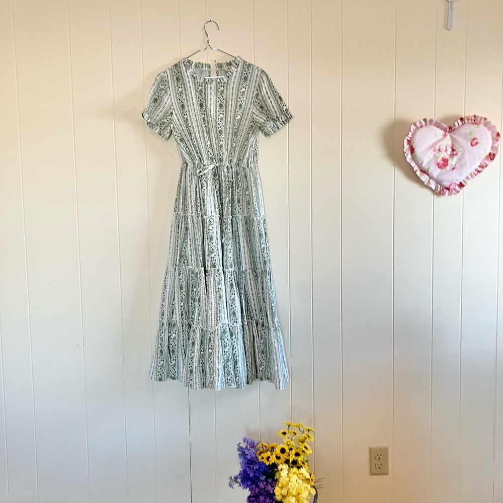 Sage Green and White Tiered Cotton Maxi Sundress